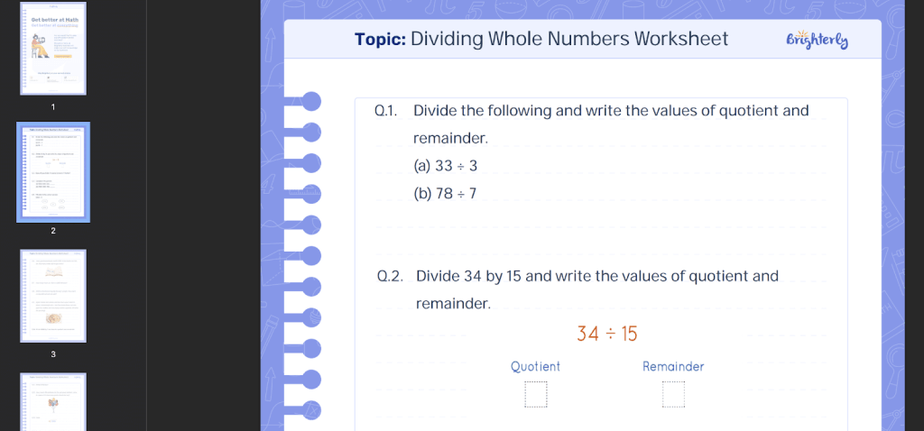 Division of whole numbers worksheets: Examples