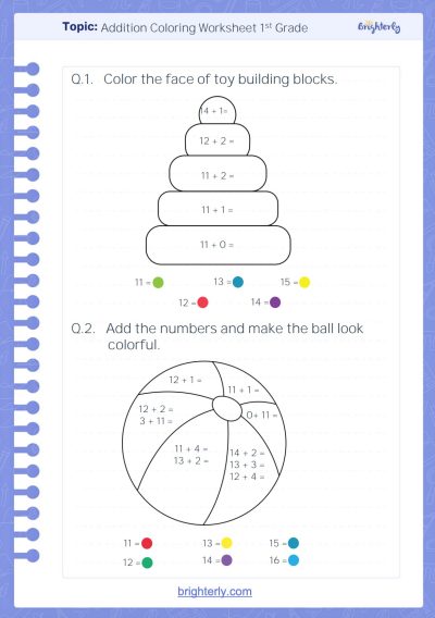 Addition Coloring Worksheet 1st Grade 1