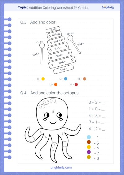 Addition Coloring Worksheet 1st Grade 2