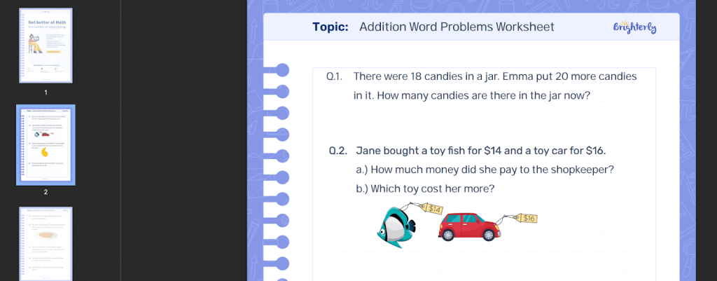 Addition and subtraction word problems worksheet: Examples