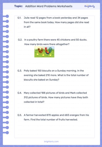 Addition Word Problems for Grade 2 Worksheets