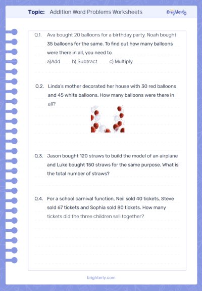 Addition Word Problems for Grade 2 Worksheets PDF