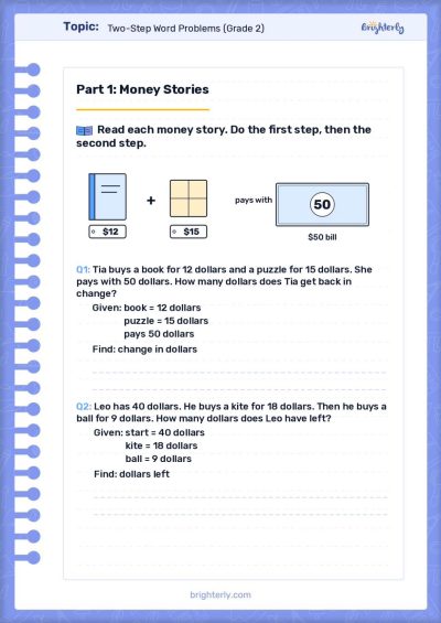 Two Step Word Problems 2nd Grade Worksheet 1