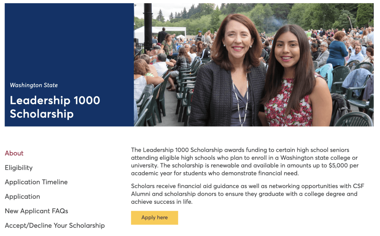 College scholarship for high school students #1: Washington State Leadership 1000 