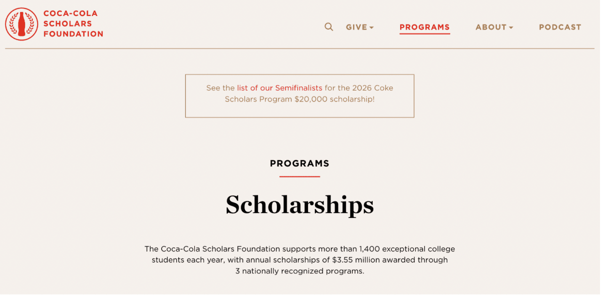 College scholarship for high school students #4: Coca-Cola Scholars Program