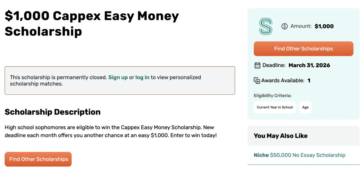 Scholarship for high school students #10: Cappex Easy College Money 