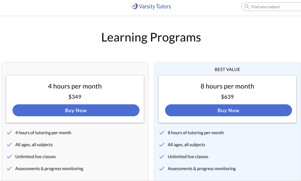 Varsity Tutors: Learning programs pricing