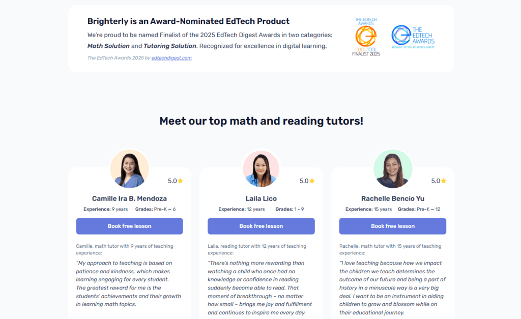Brighterly math tutoring platform features