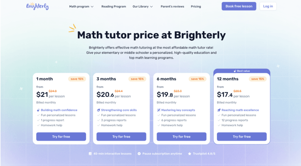 How much does Brighterly cost? (all pricing plans)