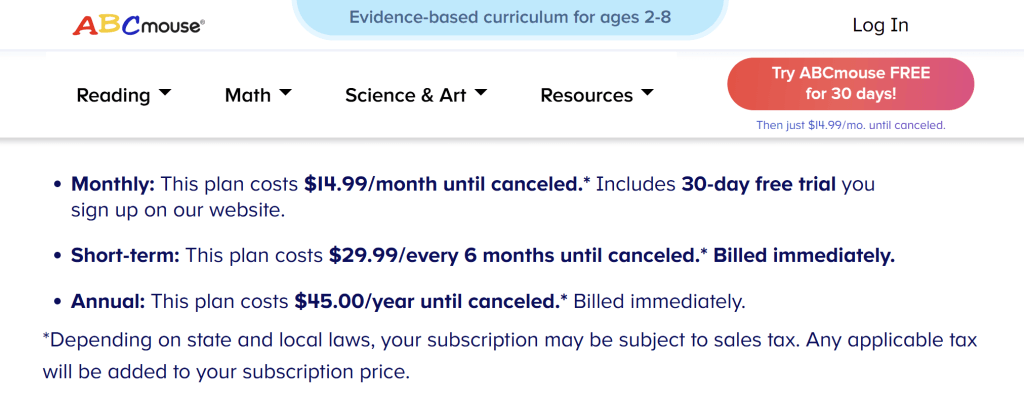 How much is ABCmouse for a year?