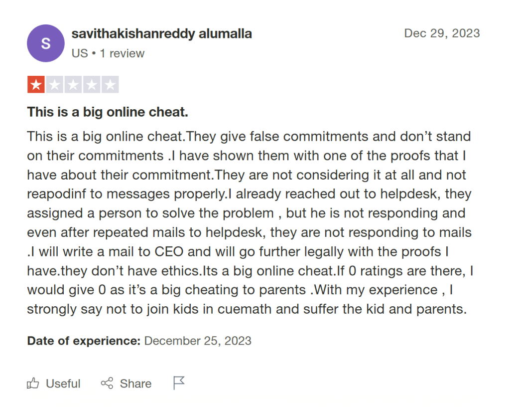 Cuemath reviews complaints by parents and students