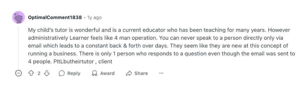 Learner tutoring reviews complaints