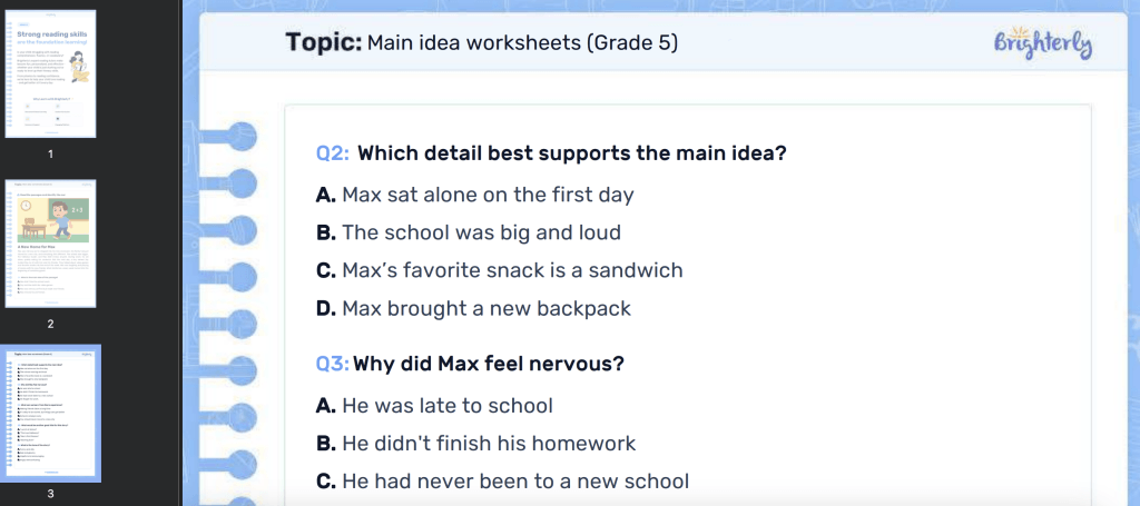 main idea worksheet 5 grade