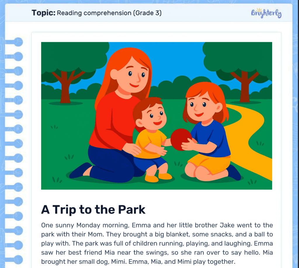 Reading comprehension worksheets grade 3: Examples