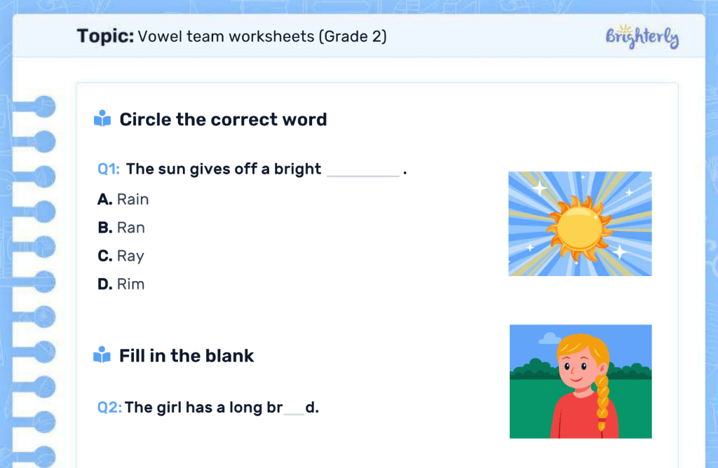 Free printable vowel team worksheets: Examples