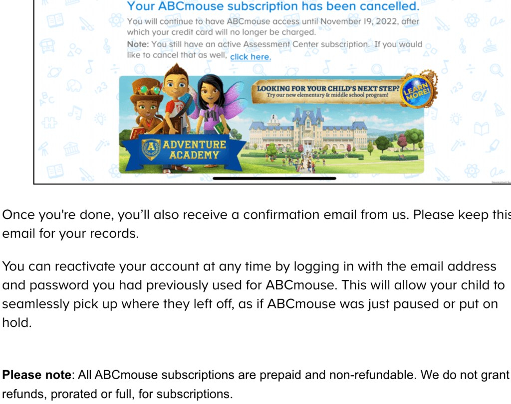 ABCmouse cancel subscription refund policy