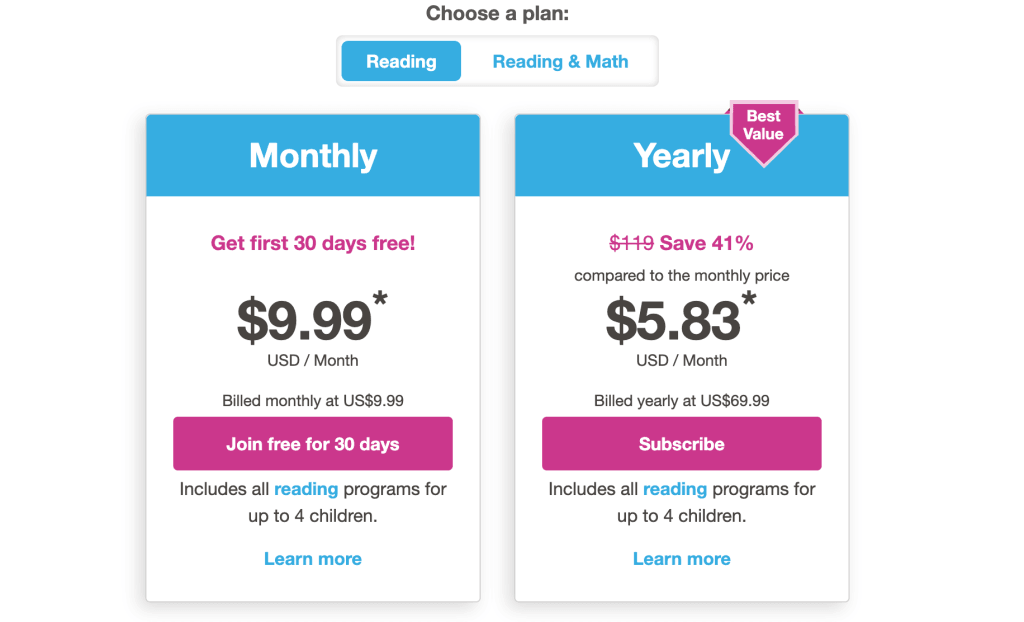 Reading Eggs reading for kids website: Pricing