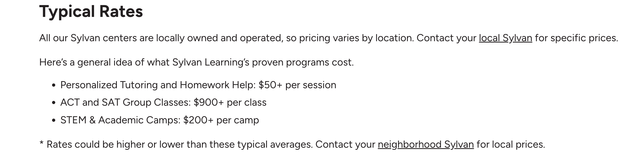 Sylvan Learning Center prices