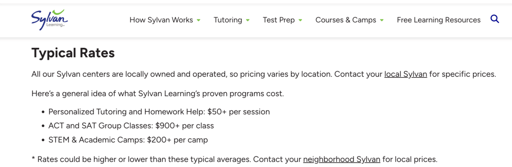 Sylvan Learning Center prices