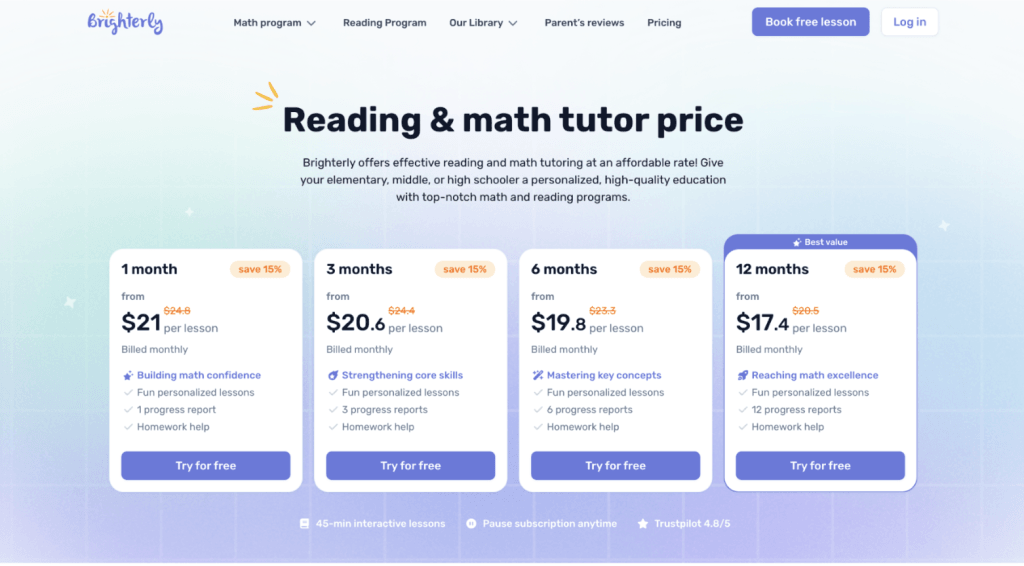 How much is Brighterly math and reading