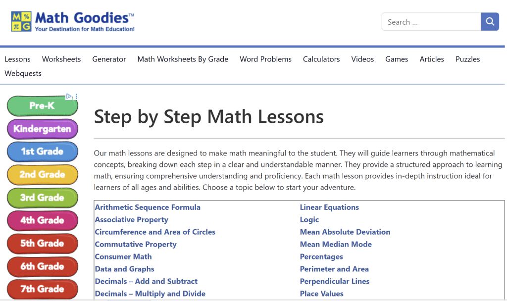 Math Goodies middle school website