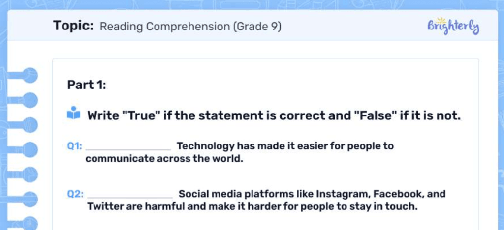 Reading comprehension 9th grade worksheets: Examples