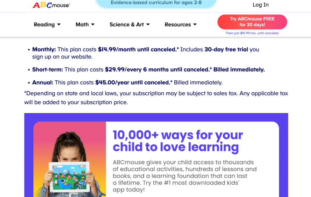 ABCmouse best app for kids reading: pricing
