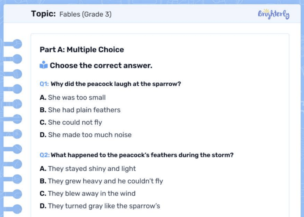 Short fables worksheets: Examples