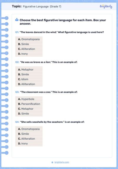 Figurative Language Worksheets 7 grade 2