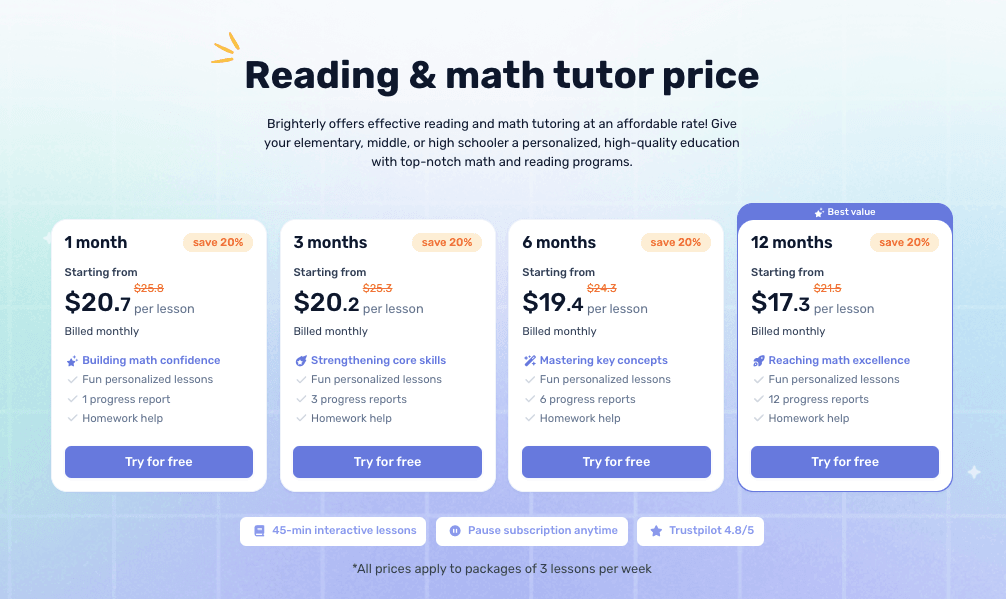 How much is Brighterly math and reading lessons?