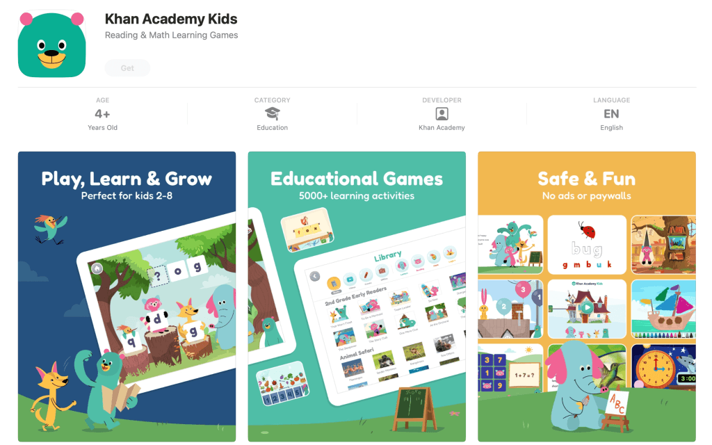 #3 Khan Academy Kids best free reading app for kids