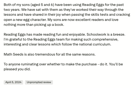 Positive reviews on Reading Eggs: What users love?