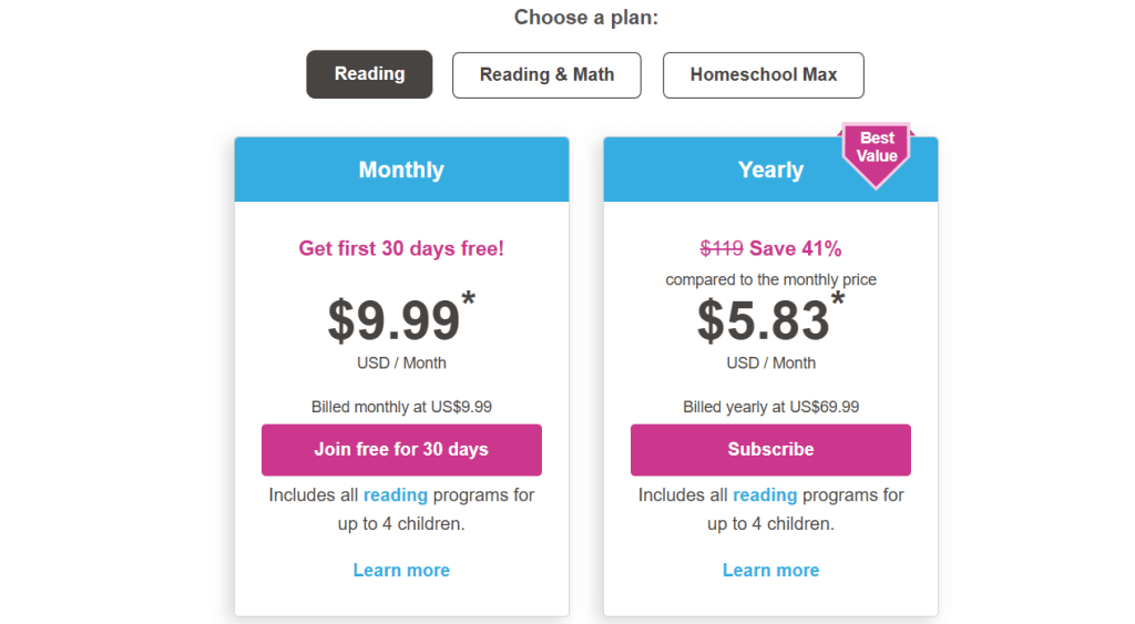 Reading Eggs subscription price