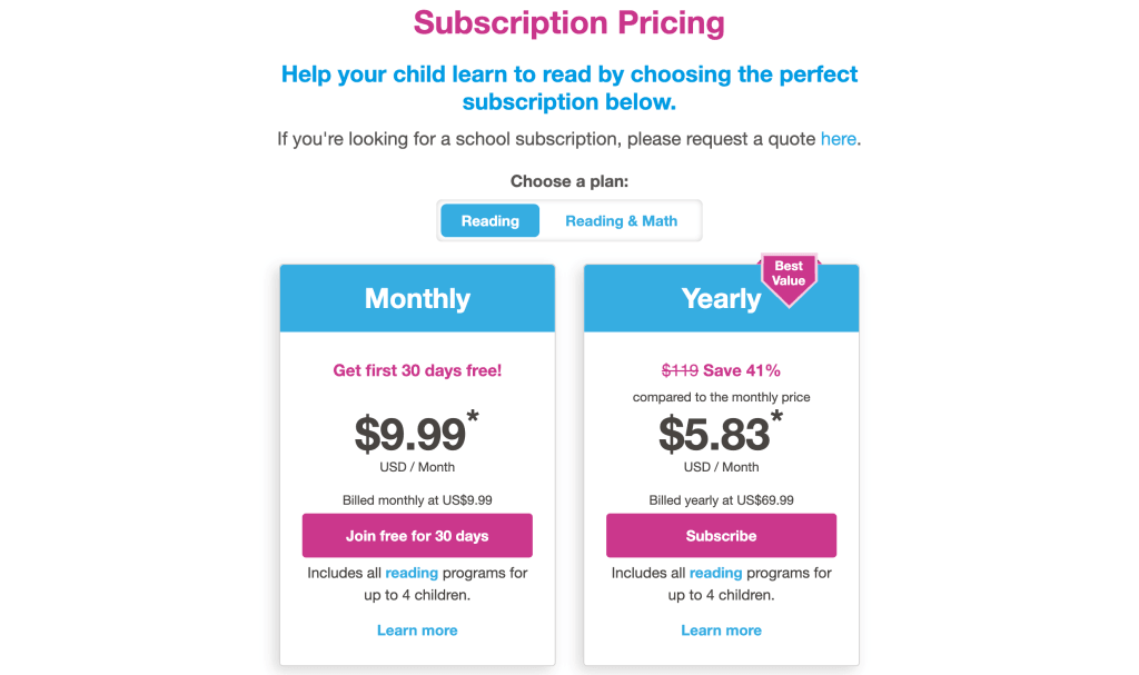 Reading Eggs: pricing