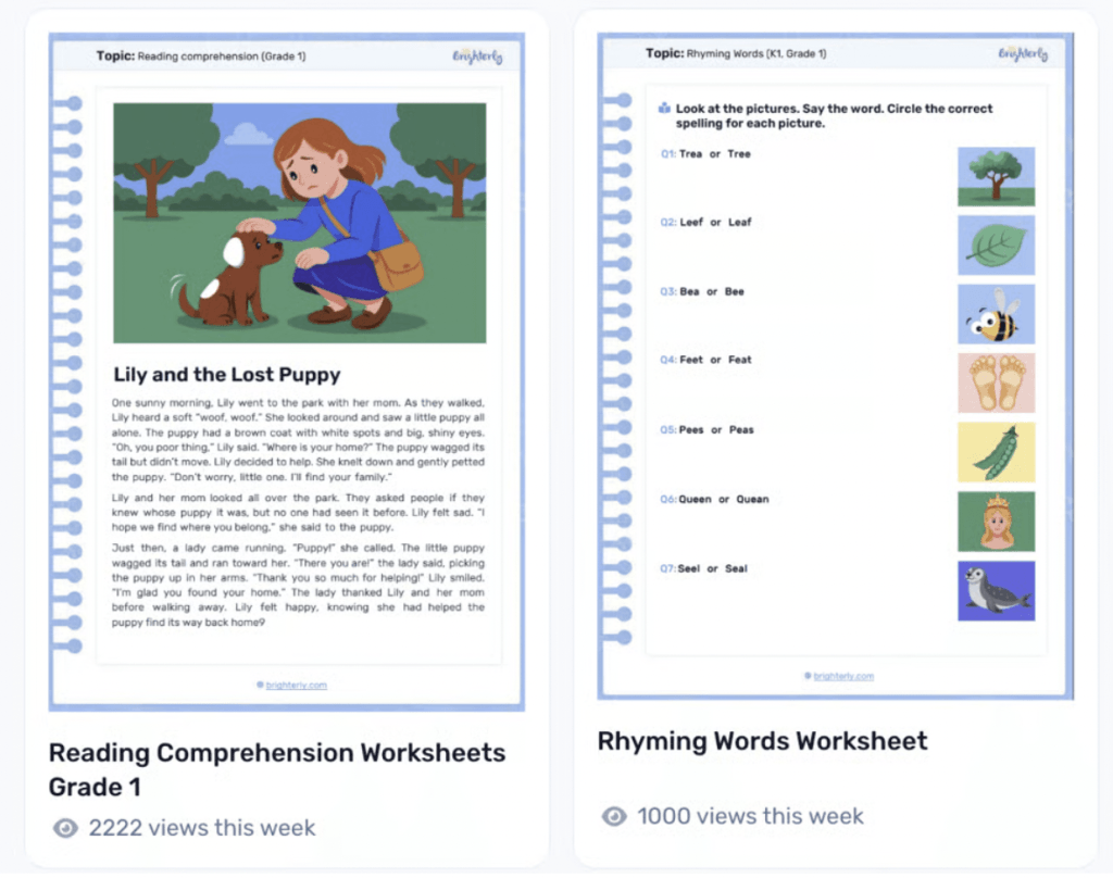 Brighterly worksheets as a parent handout for reading at home
