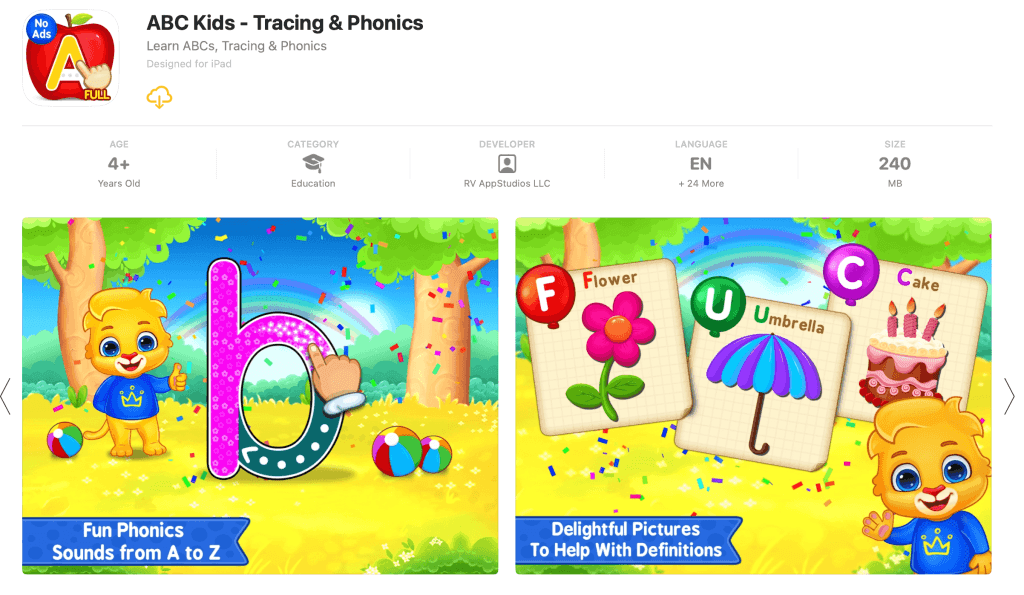 #14 ABC Kids (tracing and phonics) – is among free writing apps for toddlers