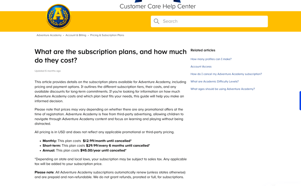 Adventure Academy: Pricing