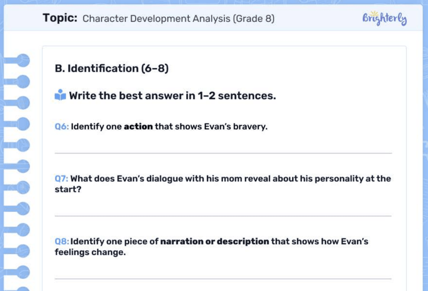 Character development worksheet PDF: Examples