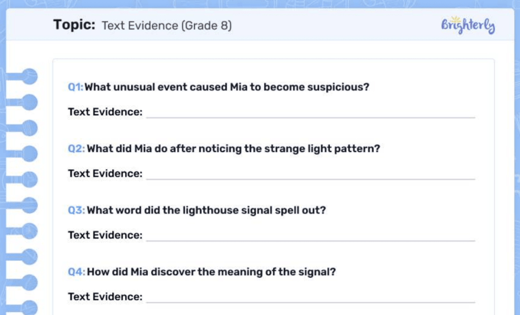 Examples of the text evidence worksheets