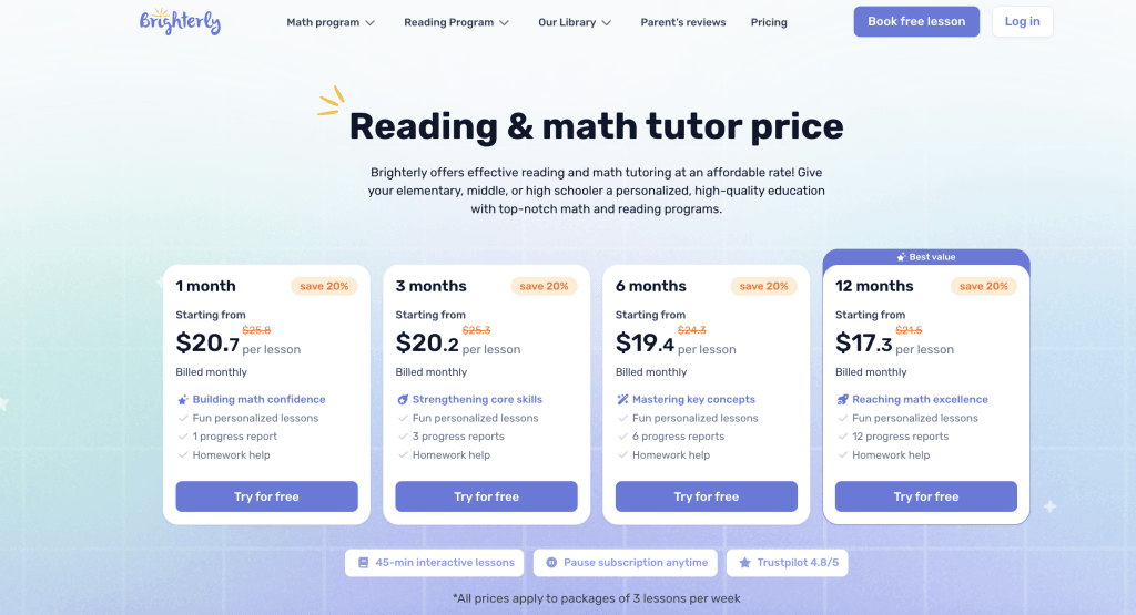 Brighterly: Price options