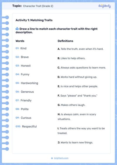 Character Traits Worksheets 2nd grade