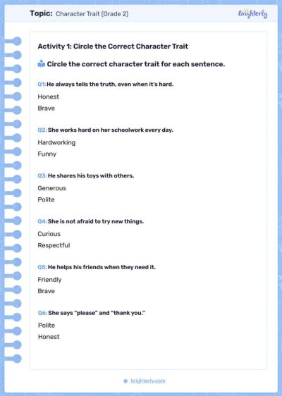 Character Traits Worksheets