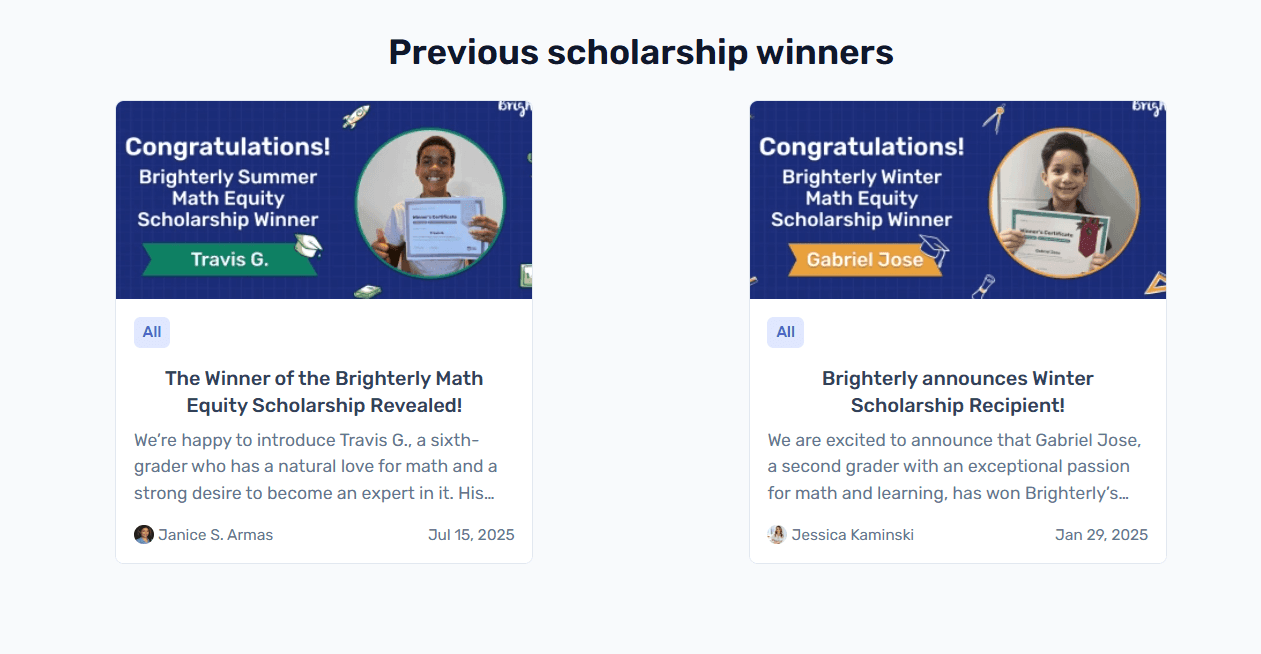 Amelia J. — the winner of the Winter Brighterly Math Equity Scholarship!