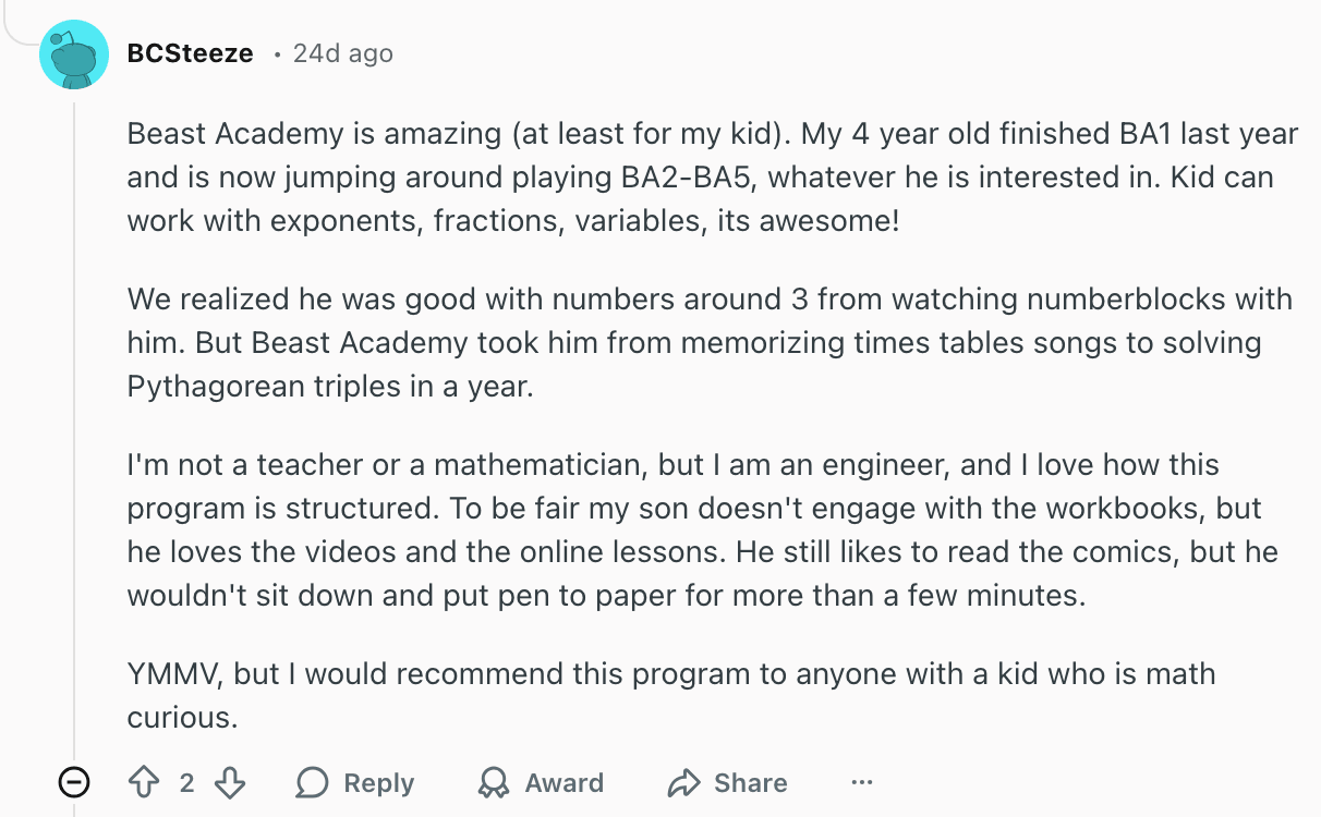 Beast Academy reviews on learning outcomes