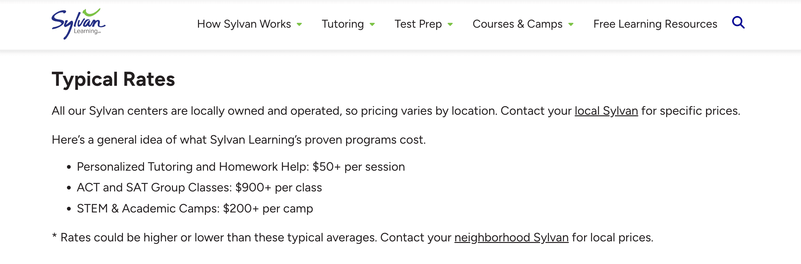 What is the cost of Sylvan Learning Center?