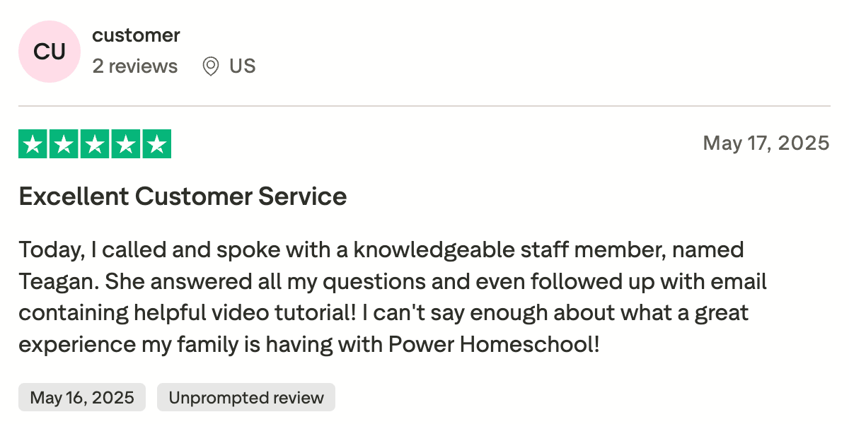 Power Homeschool services reviews: Customer support