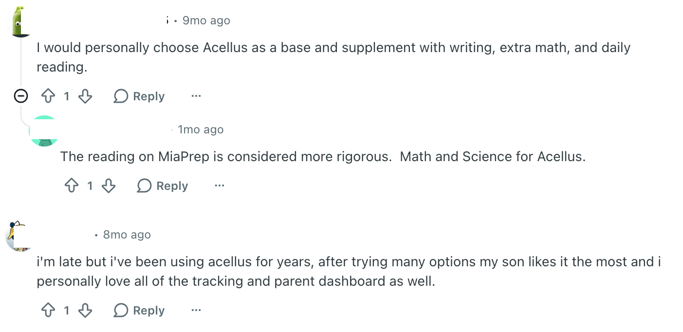 On Reddit, parents share how they use both options for different courses. Importantly, this 2026 Reddit thread underlines that reading on Miacademy may be more rigorous, while Math and Science courses are better at Acellus. 