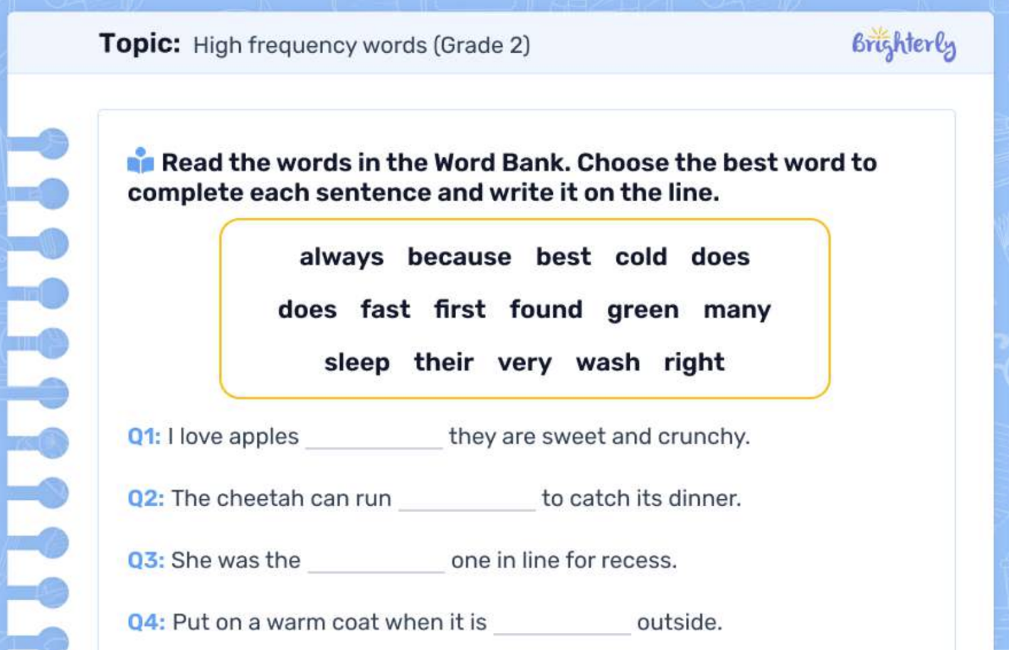 High frequency word worksheets: Examples