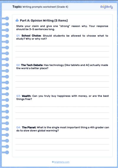 Writing prompts worksheets grade 4
