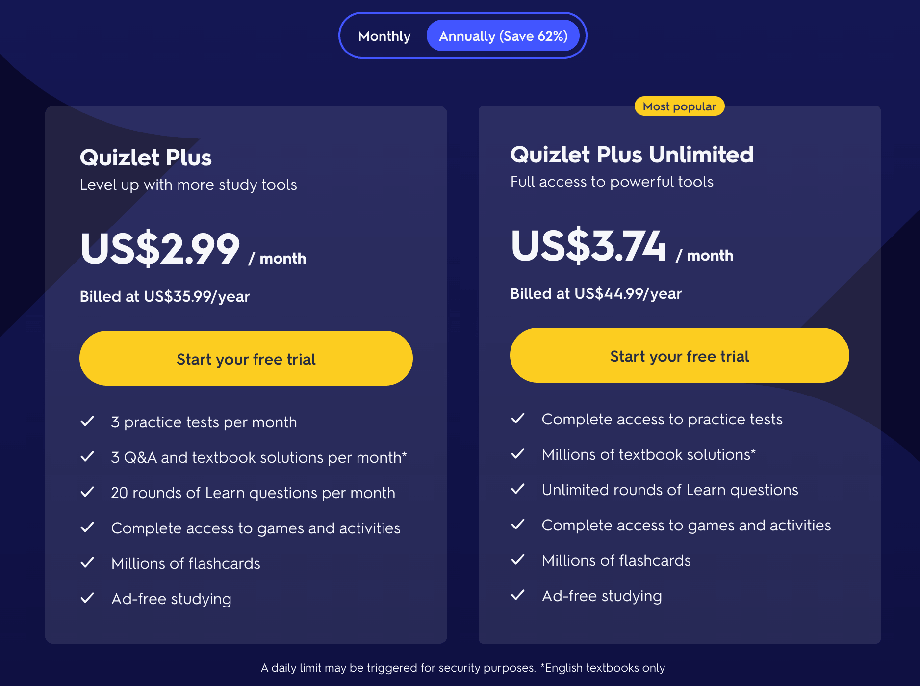 Does Quizlet bill monthly or annually?